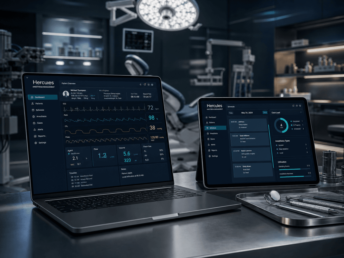 A medical operating room dashboard displaying anesthesia and patient monitoring software.