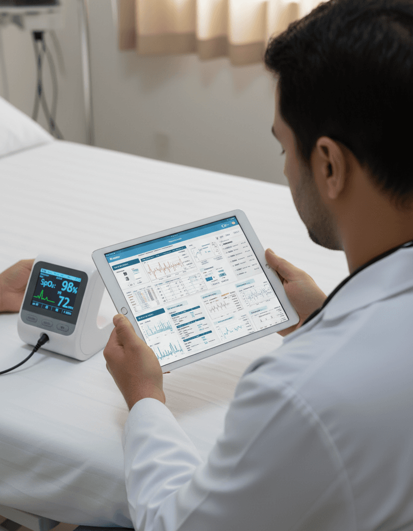 A professional using a tablet dashboard beside connected health and monitoring devices.